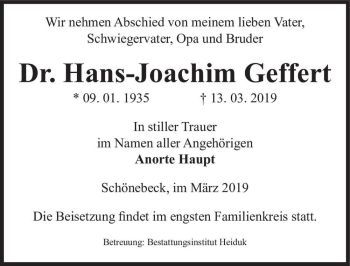 Traueranzeige von Dr. Hans-Joachim Geffert  von Magdeburger Volksstimme