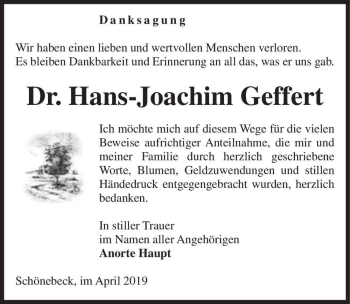 Traueranzeige von Dr. Hans-Joachim Geffert  von Magdeburger Volksstimme