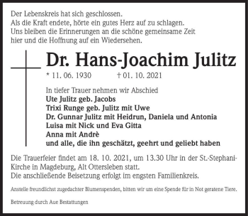 Traueranzeige von Dr. Hans-Joachim Julitz  von Magdeburger Volksstimme