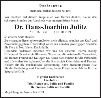 Traueranzeige von Dr. Hans-Joachim Julitz  von Magdeburger Volksstimme