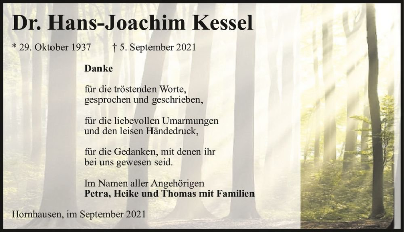  Traueranzeige für Dr. Hans-Joachim Kessel  vom 25.09.2021 aus Magdeburger Volksstimme