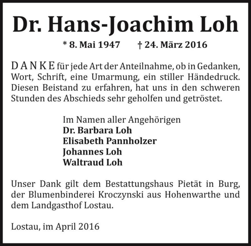  Traueranzeige für Dr. Hans-Joachim Loh  vom 23.04.2016 aus Magdeburger Volksstimme