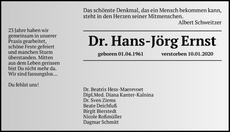  Traueranzeige für Dr. Hans-Jörg Ernst  vom 18.01.2020 aus Magdeburger Volksstimme