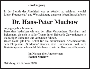 Traueranzeige von Dr. Hans-Peter Muchow  von Magdeburger Volksstimme