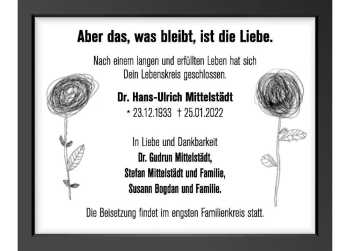 Traueranzeige von Dr. Hans-Ulrich Mittelstädt  von Magdeburger Volksstimme