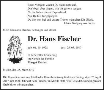 Traueranzeige von Dr. Hans Fischer  von Magdeburger Volksstimme