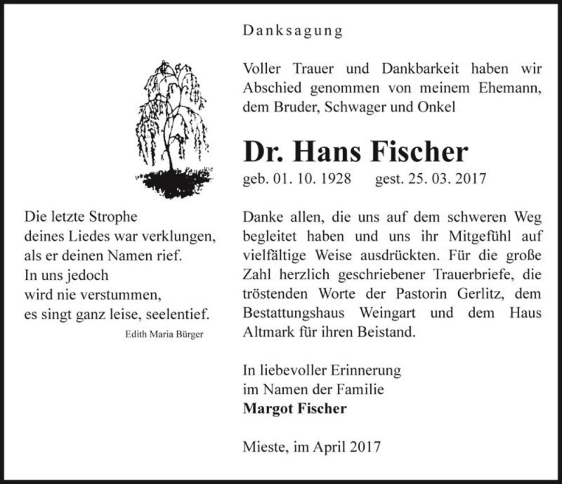  Traueranzeige für Dr. Hans Fischer  vom 22.04.2017 aus Magdeburger Volksstimme