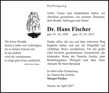 Traueranzeige von Dr. Hans Fischer  von Magdeburger Volksstimme