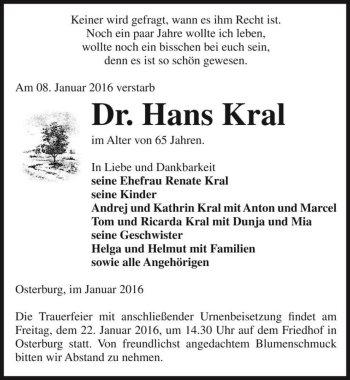 Traueranzeige von Dr. Hans Kral  von Magdeburger Volksstimme