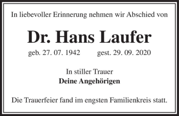 Traueranzeige von Dr. Hans Laufer  von Magdeburger Volksstimme