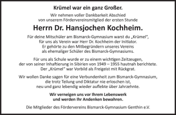 Traueranzeige von Dr. Hansjochen 