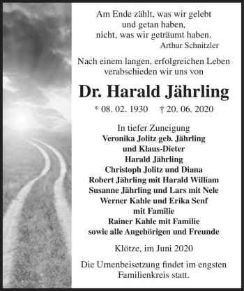 Traueranzeige von Dr. Harald Jährling  von Magdeburger Volksstimme