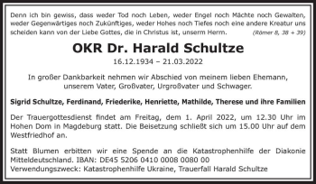 Traueranzeige von Dr. Harald Schultze  von Magdeburger Volksstimme