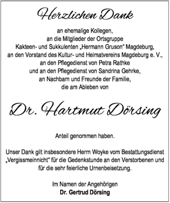 Traueranzeige von Dr. Hartmut Dörsing  von Magdeburger Volksstimme