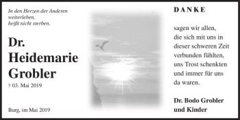 Traueranzeige von Dr. Heidemarie Grobler  von Magdeburger Volksstimme