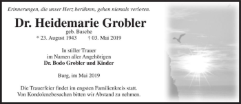 Traueranzeige von Dr. Heidemarie Grobler  von Magdeburger Volksstimme
