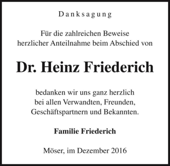 Traueranzeige von Dr. Heinz Friederich  von Magdeburger Volksstimme