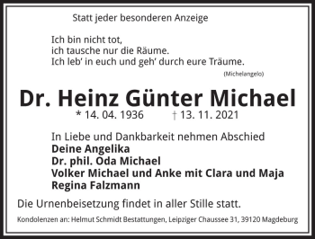 Traueranzeige von Dr. Heinz Günter Michael  von Magdeburger Volksstimme