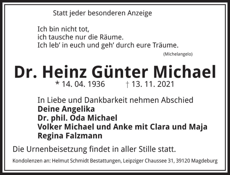  Traueranzeige für Dr. Heinz Günter Michael  vom 20.11.2021 aus Magdeburger Volksstimme