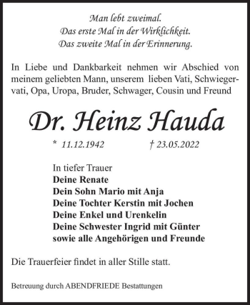 Traueranzeige von Dr. Heinz Hauda  von Magdeburger Volksstimme