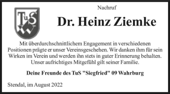 Traueranzeige von Dr. Heinz Ziemke  von Magdeburger Volksstimme