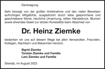 Traueranzeige von Dr. Heinz Ziemke  von Magdeburger Volksstimme