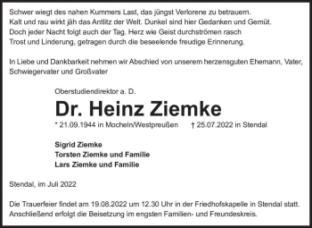 Traueranzeige von Dr. Heinz Ziemke  von Magdeburger Volksstimme