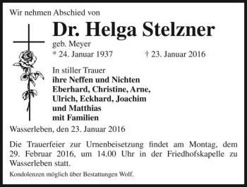 Traueranzeige von Dr. Helga Stelzner (geb. Meyer)  von Magdeburger Volksstimme
