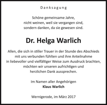 Traueranzeige von Dr. Helga Warlich  von Magdeburger Volksstimme