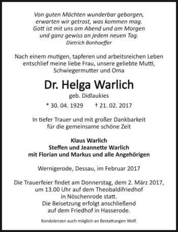 Traueranzeige von Dr. Helga Warlich (geb. Didlaukies)  von Magdeburger Volksstimme