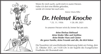 Traueranzeige von Dr. Helmut Knoche  von Magdeburger Volksstimme