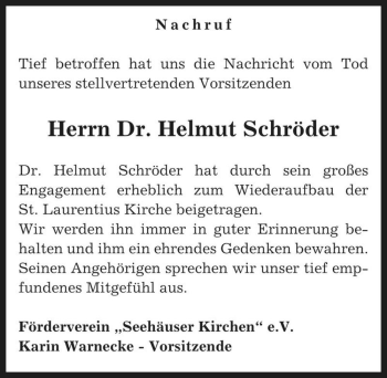 Traueranzeige von Dr. Helmut Schröder  von Magdeburger Volksstimme