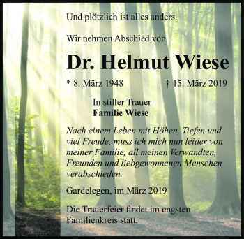 Traueranzeige von Dr. Helmut Wiese  von Magdeburger Volksstimme