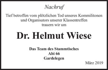 Traueranzeige von Dr. Helmut Wiese  von Magdeburger Volksstimme