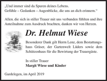 Traueranzeige von Dr. Helmut Wiese  von Magdeburger Volksstimme
