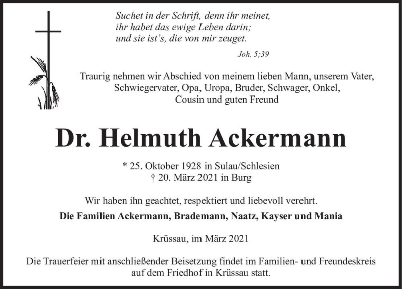  Traueranzeige für Dr. Helmuth Ackermann  vom 27.03.2021 aus Magdeburger Volksstimme
