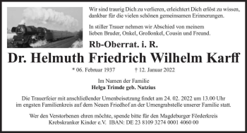 Traueranzeige von Dr. Helmuth Friedrich Wilhelm Karff  von Magdeburger Volksstimme
