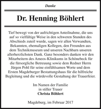Traueranzeige von Dr. Henning Böhlert  von Magdeburger Volksstimme