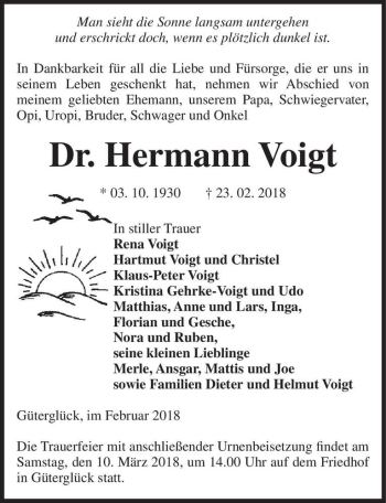 Traueranzeige von Dr. Hermann Voigt  von Magdeburger Volksstimme