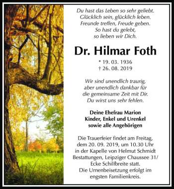 Traueranzeige von Dr. Hilmar Foth  von Magdeburger Volksstimme