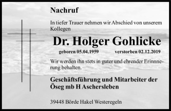 Traueranzeige von Dr. Holger Gohlicke  von Magdeburger Volksstimme