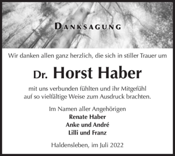 Traueranzeige von Dr. Horst Haber  von Magdeburger Volksstimme