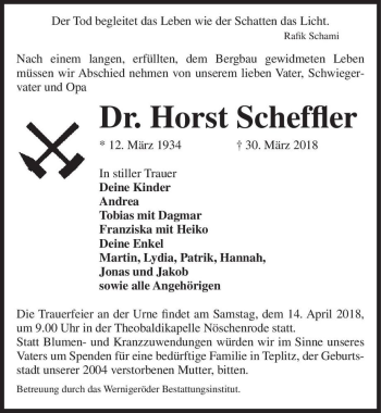 Traueranzeige von Dr. Horst Scheffler  von Magdeburger Volksstimme