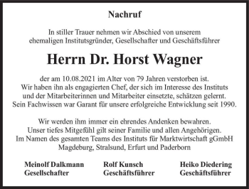 Traueranzeige von Dr. Horst Wagner  von Magdeburger Volksstimme