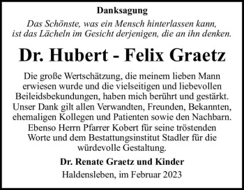 Traueranzeige von Dr. Hubert-Felix Graetz  von Magdeburger Volksstimme