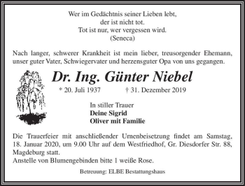 Traueranzeige von Dr. Ing. Günter Niebel  von Magdeburger Volksstimme