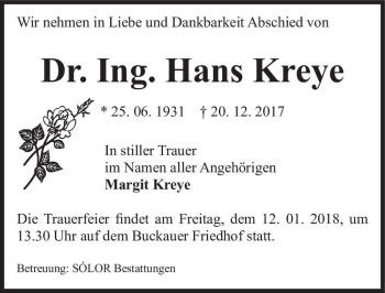 Traueranzeige von Dr. Ing. Hans Kreye  von Magdeburger Volksstimme