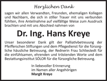 Traueranzeige von Dr. Ing. Hans Kreye  von Magdeburger Volksstimme