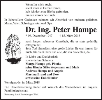 Traueranzeige von Dr. Ing. Peter Hampe  von Magdeburger Volksstimme