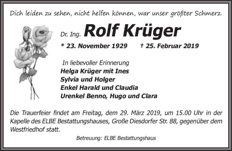  Traueranzeige für Dr. Ing. Rolf Krüger  vom 02.03.2019 aus Magdeburger Volksstimme